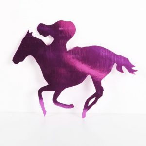 Cardboard cutout horse and rider cerise